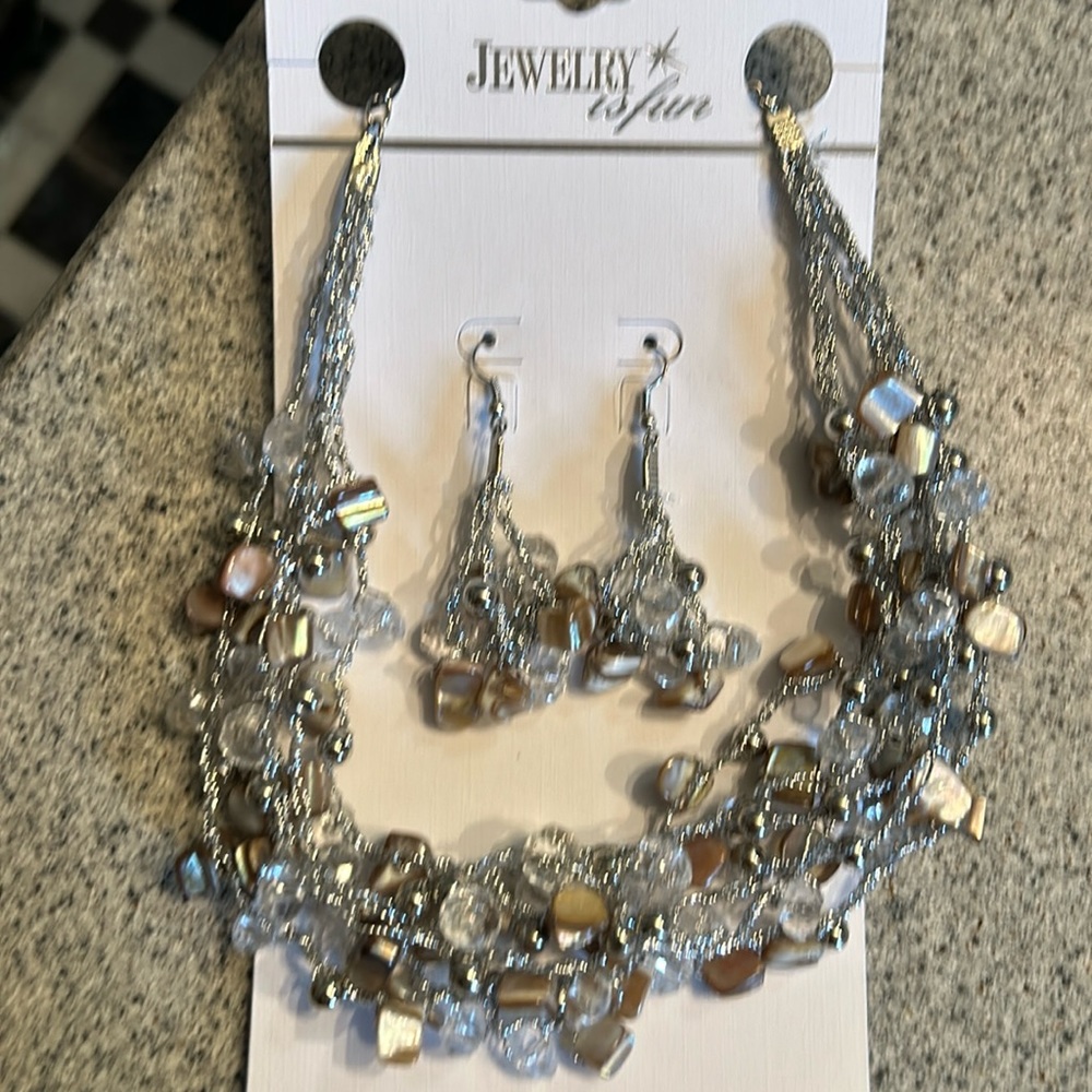 Necklace and earrings set, silver and tan